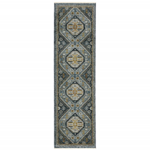 2' X 8' Blue Gold Ivory And Navy Oriental Power Loom Stain Resistant Runner Rug With Fringe N270-508087