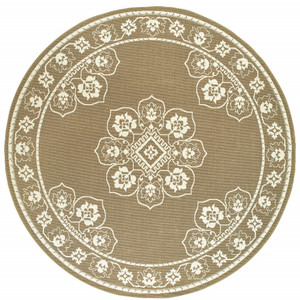 8' X 8' Tan Round Oriental Stain Resistant Indoor Outdoor Area Rug N270-507756