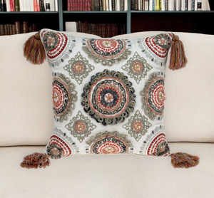 18" Red and White Floral Cotton Throw Pillow With Embroidery, Tassels N270-529193