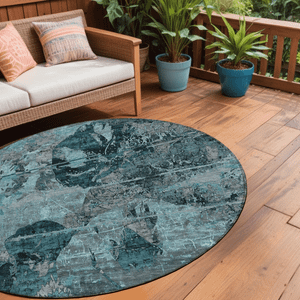 8' Round Teal and Gray Round Floral Washable Non Skid Indoor Outdoor Area Rug N270-562799
