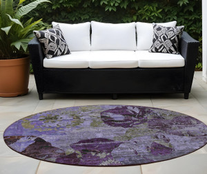 8' Round Purple and Green Round Floral Washable Non Skid Indoor Outdoor Area Rug N270-562781
