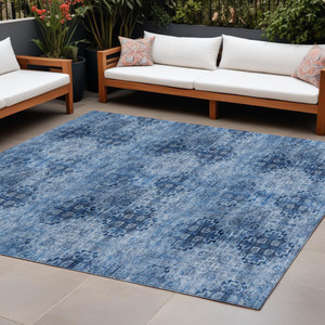9' X 12' Navy Blue Floral Medallion Washable Non Skid Indoor Outdoor Area Rug N270-562969