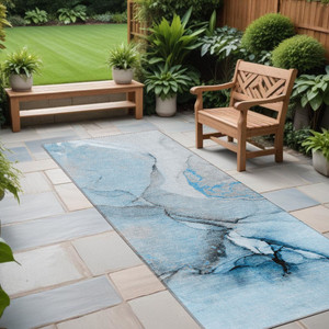 8' Runner Blue and Ivory Abstract Washable Non Skid Indoor Outdoor Runner Rug N270-559677