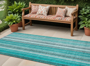 8' Runner Teal and Gray Striped Washable Non Skid Indoor Outdoor Runner Rug N270-562093
