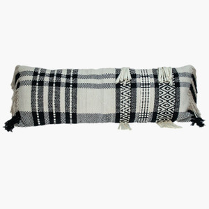 12" X 35" Black and White Plaid Cotton Lumbar Throw Pillow With Fringe N270-383143