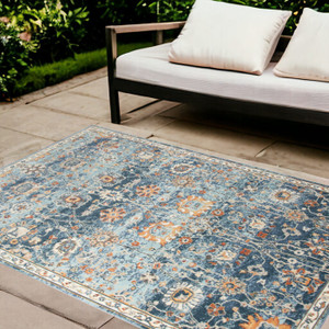 9' X 12' Blue and Orange Floral Stain Resistant Indoor Outdoor Area Rug N270-531507