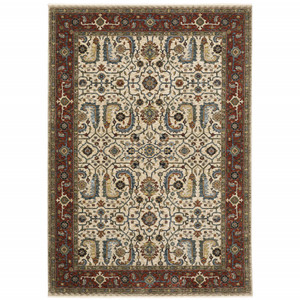 3' X 5' Ivory Red Green Grey Blue And Navy Oriental Power Loom Stain Resistant Area Rug With Fringe N270-507984