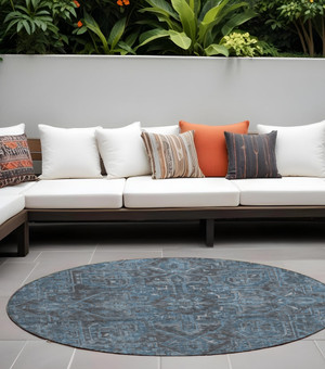 8' Round Navy and Black Round Oriental Washable Non Skid Indoor Outdoor Area Rug N270-563831