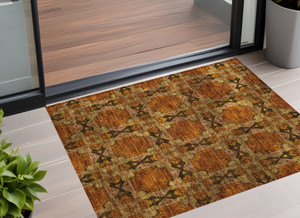 2' X 3' Orange and Rust Floral Medallion Washable Non Skid Indoor Outdoor Area Rug N270-563457