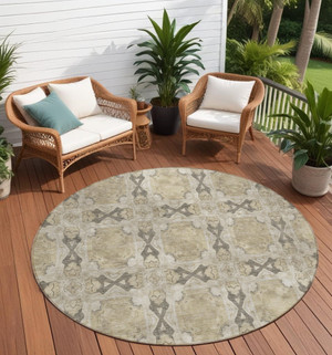 8' Round Beige and Gray Round Floral Medallion Washable Non Skid Indoor Outdoor Area Rug N270-563390