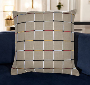 24" Beige Check Cotton Blend Throw Pillow With Embroidery N270-549433