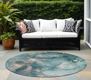 8' Round Teal Round Abstract Washable Non Skid Indoor Outdoor Area Rug N270-560333