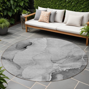 8' Round Gray and Ivory Round Abstract Washable Non Skid Indoor Outdoor Area Rug N270-560461