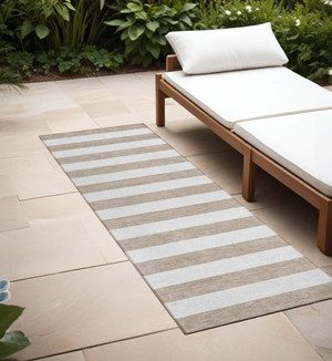 2' X 8' Taupe and White Striped Washable Indoor Outdoor Runner Rug N270-560952