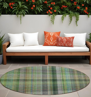 8' Round Green Round Plaid Washable Non Skid Indoor Outdoor Area Rug N270-562232