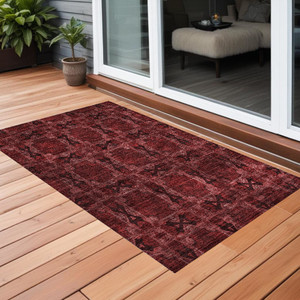 3' X 5' Burgundy and Black Floral Medallion Washable Non Skid Indoor Outdoor Area Rug N270-563397