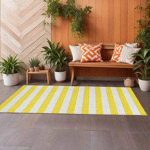 2' X 8' Yellow and White Striped Washable Indoor Outdoor Runner Rug N270-560970