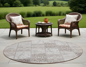 8' Round Taupe and Ivory Round Patchwork Washable Non Skid Indoor Outdoor Area Rug N270-563579