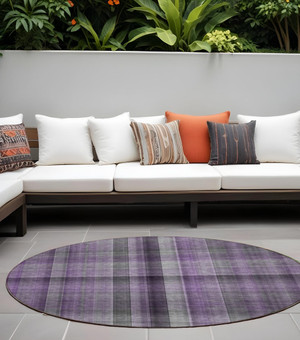8' Round Purple Round Plaid Washable Non Skid Indoor Outdoor Area Rug N270-562241