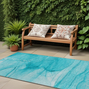 8' Runner Teal Abstract Washable Non Skid Indoor Outdoor Runner Rug N270-559776