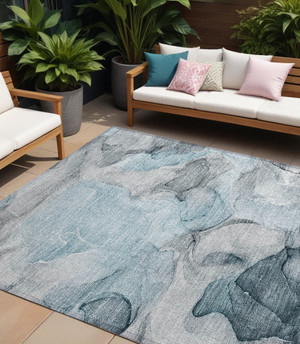 9' X 12' Teal Abstract Washable Non Skid Indoor Outdoor Area Rug N270-559539