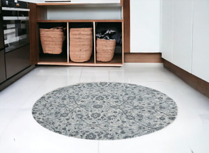 6' Charcoal and Gray Floral Power Loom Round Rug N270-531831