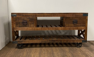 18" Brown and Black Solid Wood Distressed Wheel Console Table With Shelves And Drawers N270-387800