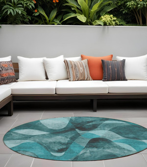8' Round Teal Round Abstract Washable Non Skid Indoor Outdoor Area Rug N270-561629