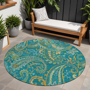 8' Round Teal Round Paisley Washable Non Skid Indoor Outdoor Area Rug N270-561469