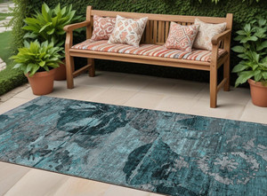 2' X 8' Teal and Gray Abstract Washable Indoor Outdoor Runner Rug N270-562795
