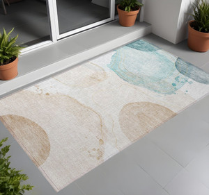 3' X 5' Beige and Blue Abstract Washable Non Skid Indoor Outdoor Area Rug N270-562158