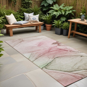 8' Runner Gray and Pink Abstract Washable Non Skid Indoor Outdoor Runner Rug N270-559362
