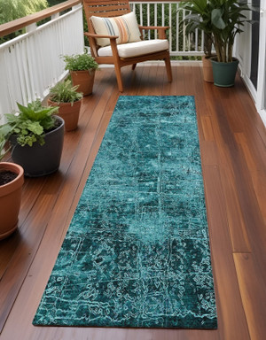 8' Runner Teal Abstract Washable Non Skid Indoor Outdoor Runner Rug N270-563152