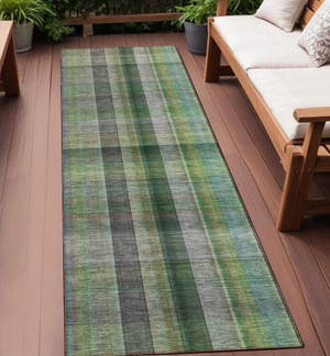 2' X 8' Green Beige and Gray Plaid Washable Non Skid Indoor Outdoor Area Rug N270-562228