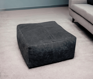 22" Black Distressed Leather Pouf Ottoman N270-488749