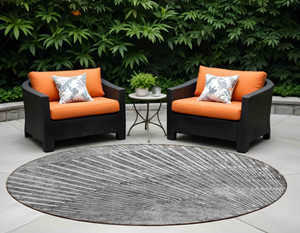 8' Round Gray and Ivory Round Abstract Washable Non Skid Indoor Outdoor Area Rug N270-561971