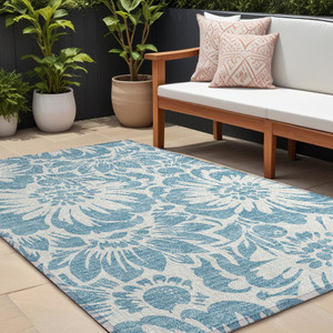 9' X 12' Denim and Ivory Floral Washable Non Skid Indoor Outdoor Area Rug N270-562441
