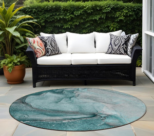 8' Round Teal Round Abstract Washable Non Skid Indoor Outdoor Area Rug N270-560605