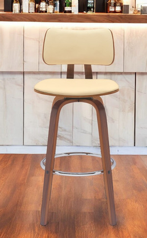 30" Cream And Wood Brown Faux Leather Swivel Low Back Bar Height Bar Chair N270-534436