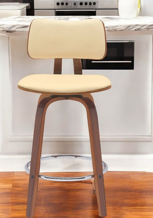 26" Cream And Wood Brown Faux Leather Swivel Low Back Counter Height Bar Chair N270-534431