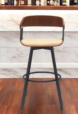 31" Cream and Black Faux Leather with Metal Swivel Bar Height Bar Chair N270-534456