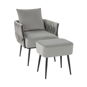Modern Dutch Velvet Accent Chair and Ottoman Set with Weaved Back and Arms-Gray - Color: Gray D681-HV10502GR