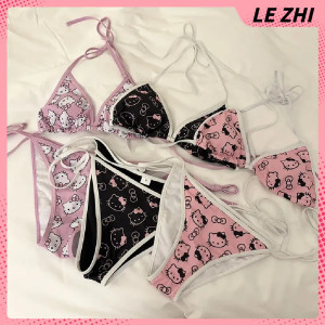 Color: Fluorescence Yellow, Size: M - Kawaii Hello Kitty Bikini Cartoon Printing Two-piece Swimsuit F640-12000038327927025