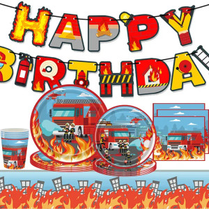 Color: Olive - Fireman Fire Truck Party Disposable Tableware Plates Cups Napkins Tablecloth Birthda F640-12000038982604656