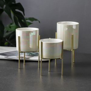 Color: Gold, Size: Set - 1Set Nordic Iron Art Vase Ceramics Flower Pot Plant Flowerpot Planter Offi Q119-CJJJJRZS00215-Gold-Set