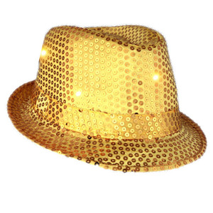 LED Flashing Light Up Fedora Hat with Gold Sequins A706-3995445
