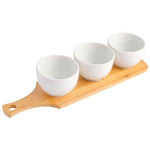 Gibson Gracious Dining 3 Piece White Fine Ceramic Tidbit Bowl Set with Bamboo Serving Tray D970-134308.04R