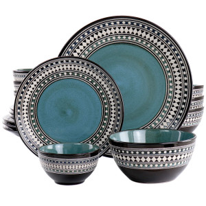Elama Blue Sage 16 Piece Double Bowl Stoneware Dinnerware Set in Blue D970-ELM-BLUESAGE16