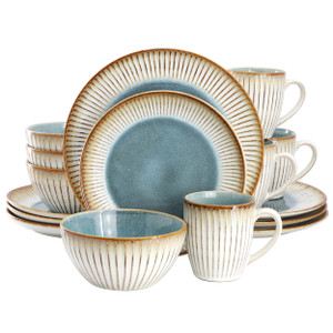 Elama Louann 16 Piece Stoneware Dinnerware Set in Blue and Beige D970-ELM-LOUANN