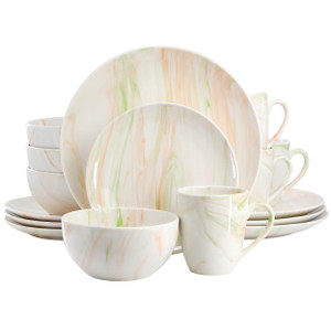Elama Fine Marble 16 Piece Porcelain Dinnerware Set in Orange and Green D970-EL-FINEMARBLE-OG